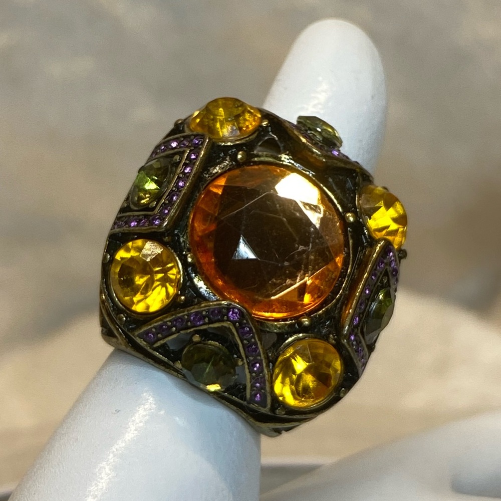 Vintage Large Antique Brass With Multicolored Glass Stones Cocktail Ring size 8 - Picture 4 of 8